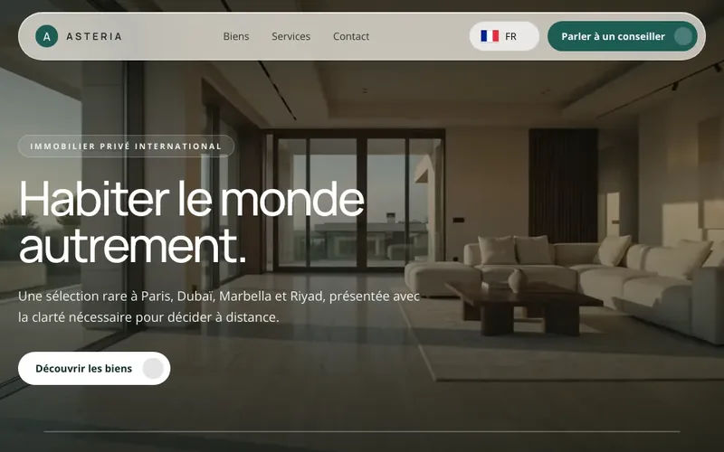 Accueil du site immobilier premium Asteria réalisé par YZ Automation