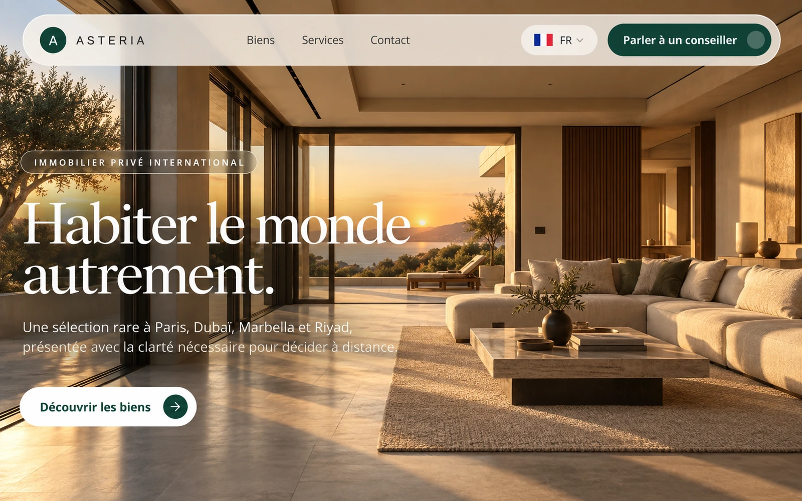 Page d'accueil du site immobilier premium Asteria, conçu et développé par YZ Automation