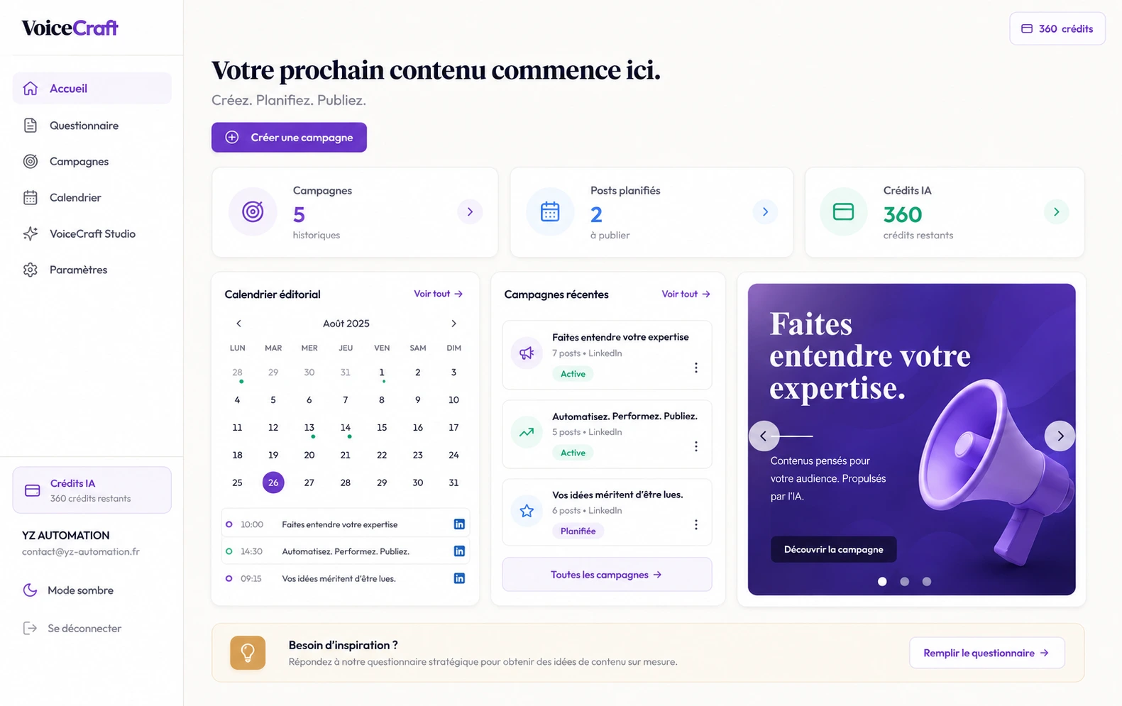 Interface de la plateforme SaaS VoiceCraft développée par YZ Automation
